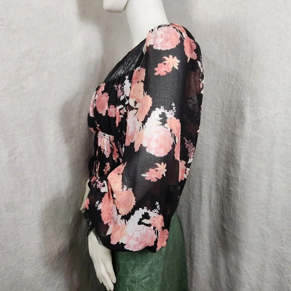 Free People Women's Size M Daphne Blouse Long Sleeve Lace Floral Black New 37